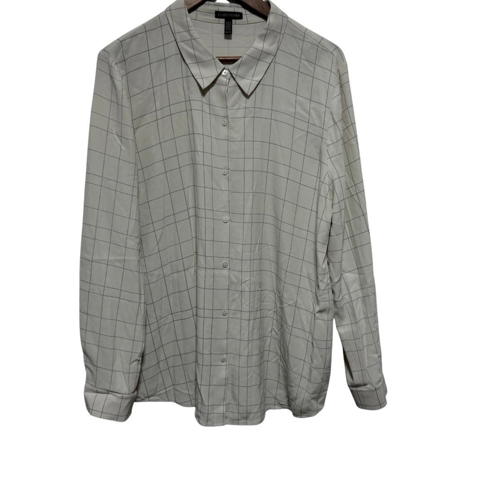 Eileen Fisher Blouse Womens XL Ivory Windowpane Plaid Long Sleeve Button Lyocell